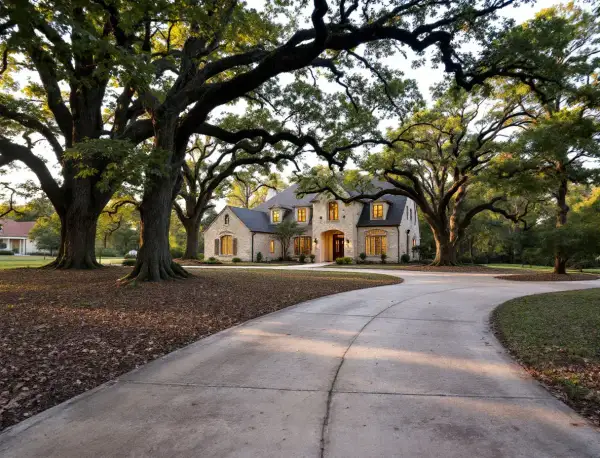 A sprawling limestone and glass estate home overlooking a wooded hill country canyon at dusk