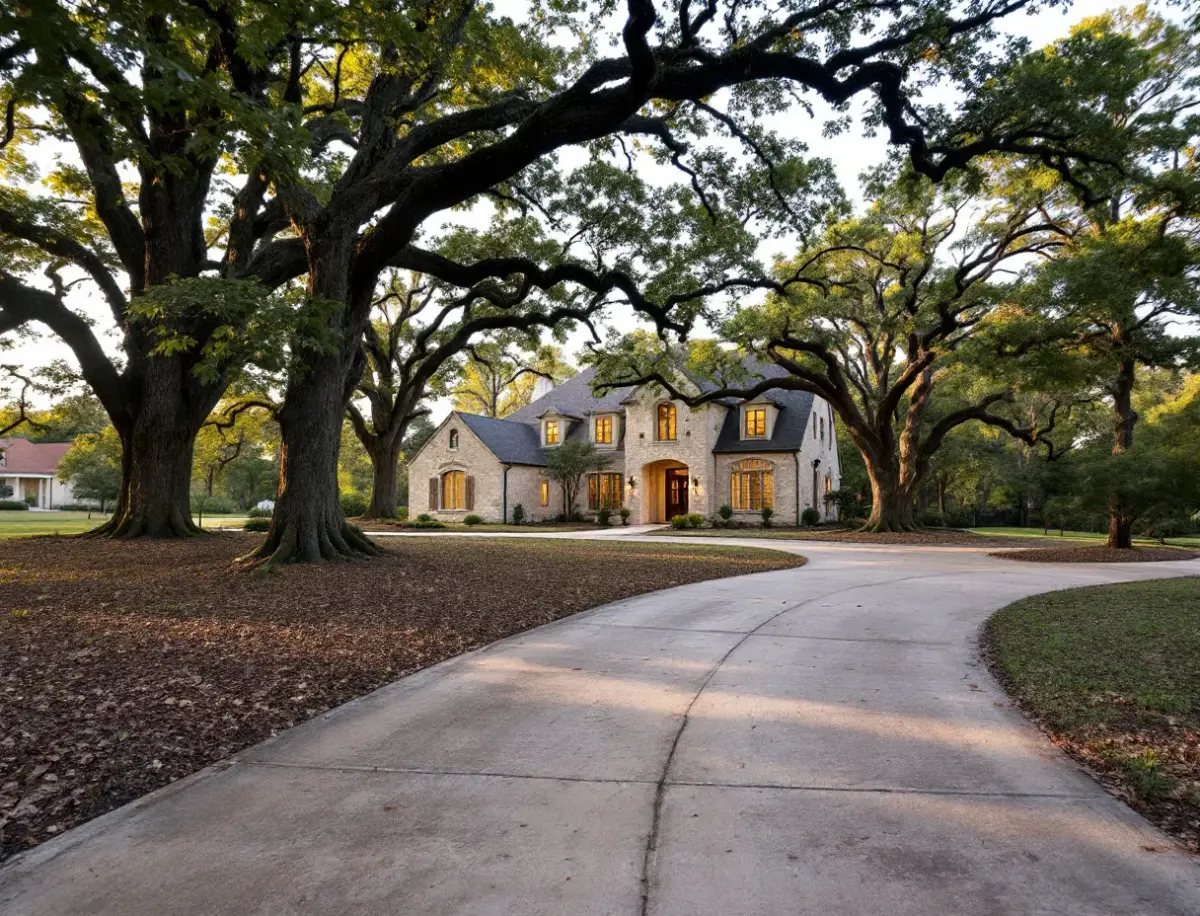 A sprawling limestone and glass estate home overlooking a wooded hill country canyon at dusk