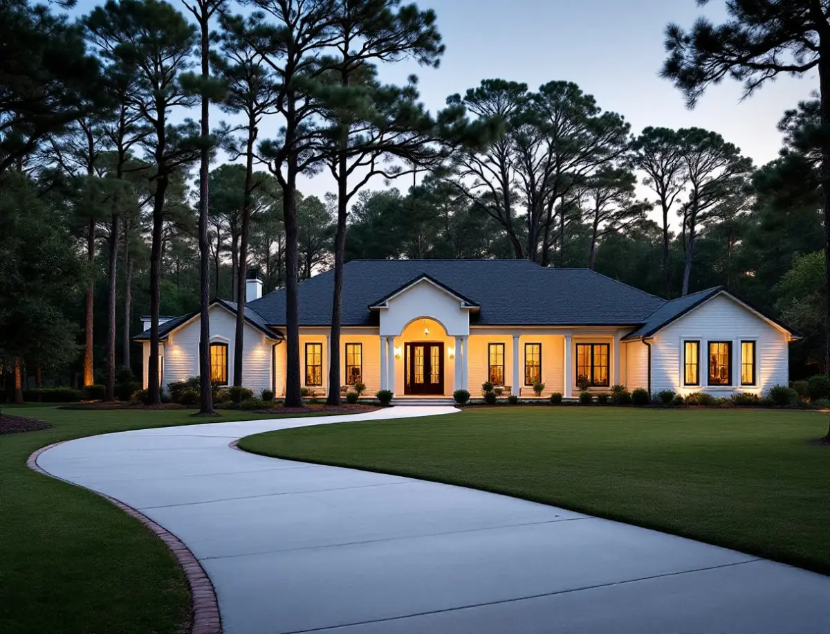 Restored early-1900s home with a wraparound porch beneath tall loblolly pines