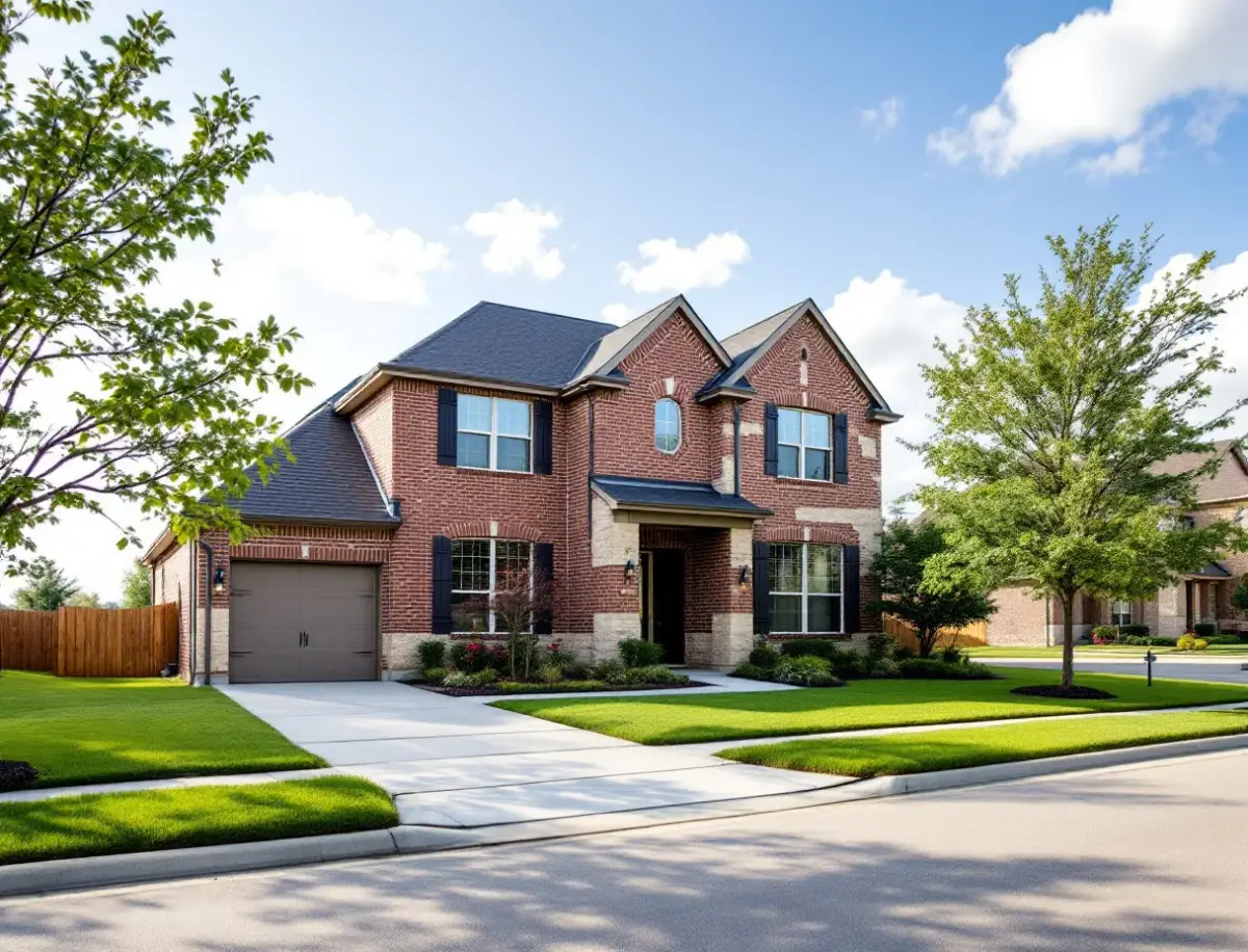 A brick-and-stone production two-story on a modest lot facing a golf fairway, young street trees along the sidewalk
