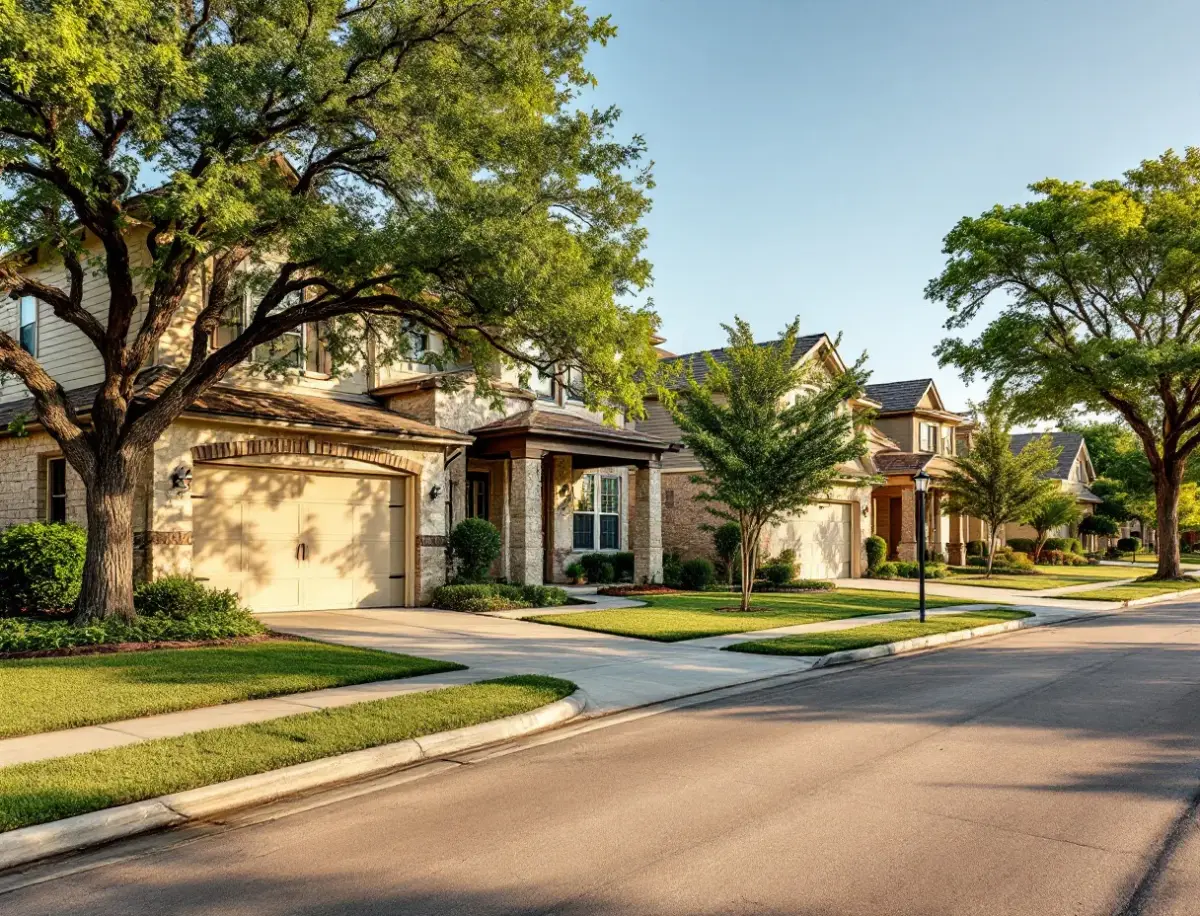 A residential street of two-story Texas-traditional homes on modest lots with young live oaks and plain concrete driveways in late afternoon light
