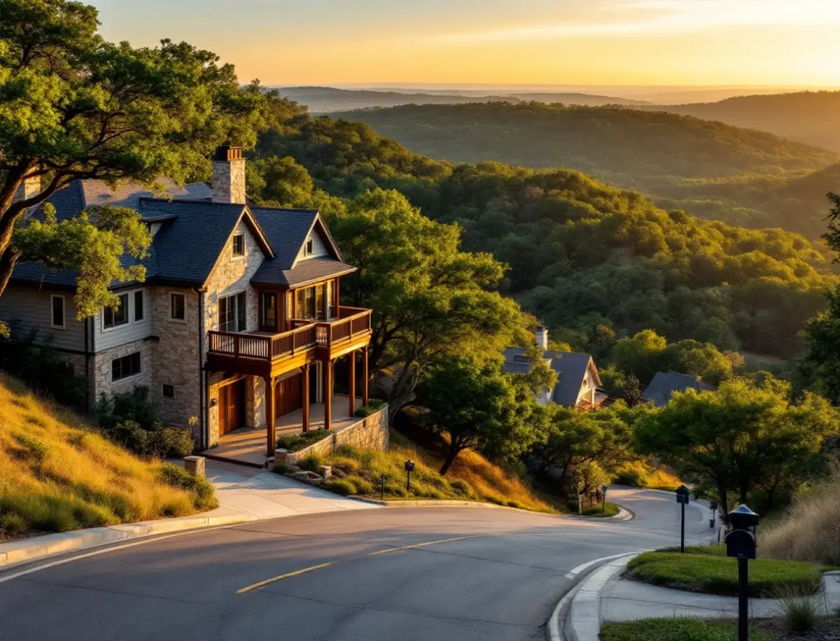 A hillside home with a tall deck peering over juniper canyon toward the Bull Creek valley at golden hour