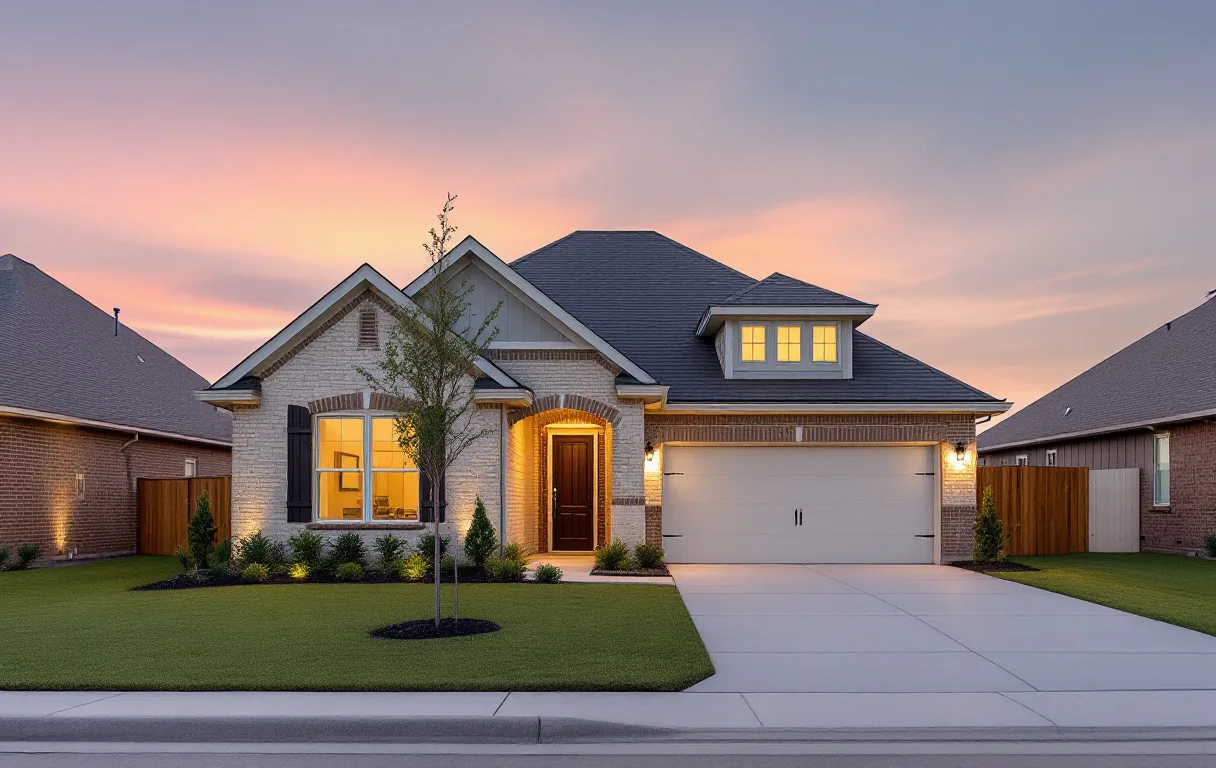 New two-story homes on suburban lots backing to a greenbelt creek corridor, young trees along the sidewalk