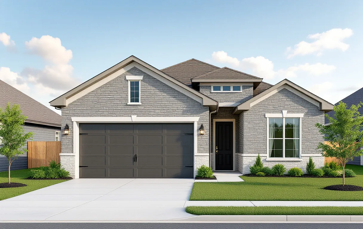 New homes and cottages close together on modest lots along FM 150, young trees and open Hill Country horizon beyond