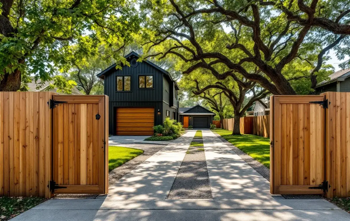 Two modern detached homes sharing one Austin lot — a two-story house in front and a small flat-roofed back house behind a cedar fence