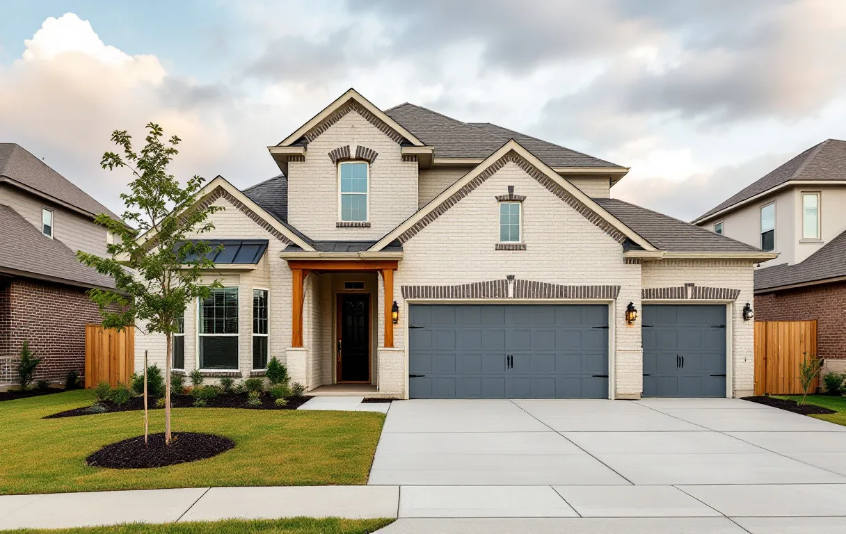 Compact new single- and two-story homes close together on a prairie-edge street with young trees