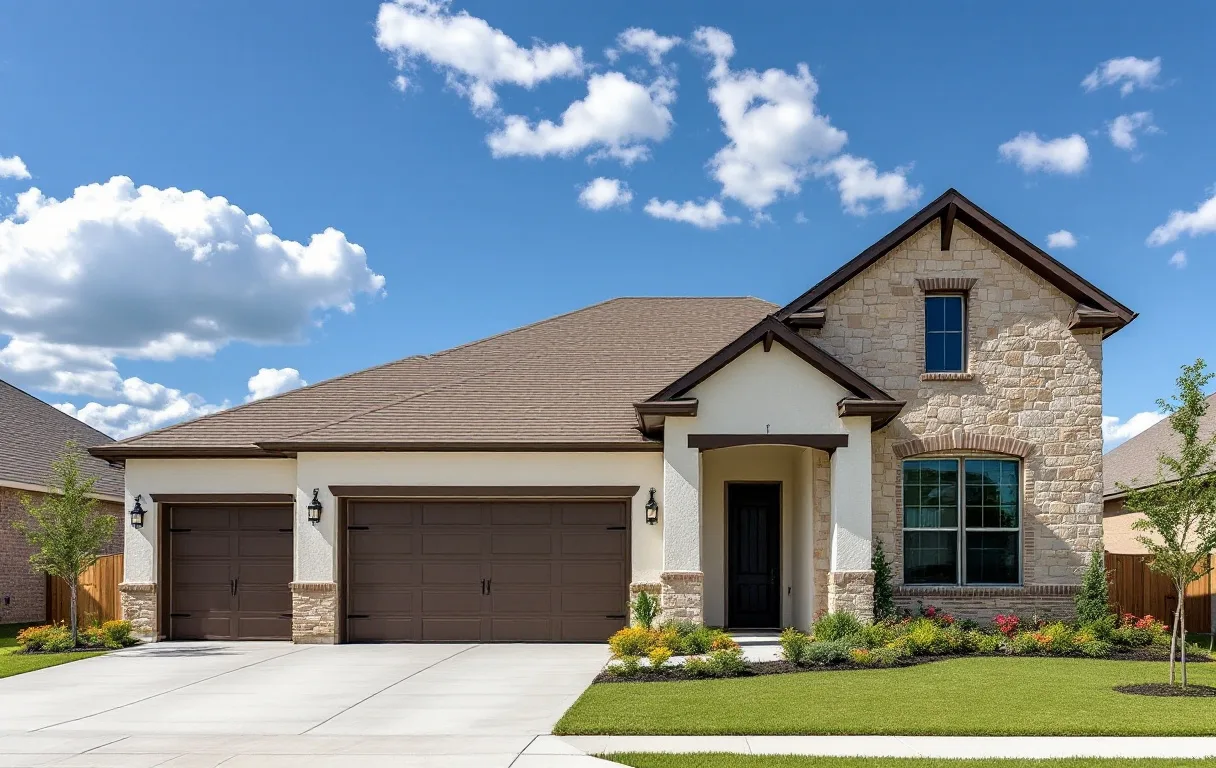 Rows of new single-family homes close together on modest lots with young trees and fresh sidewalks