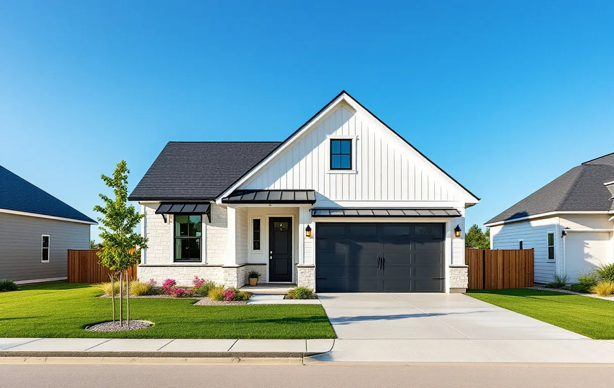 Street of new production homes with front porches on modest lots, young trees along the sidewalk