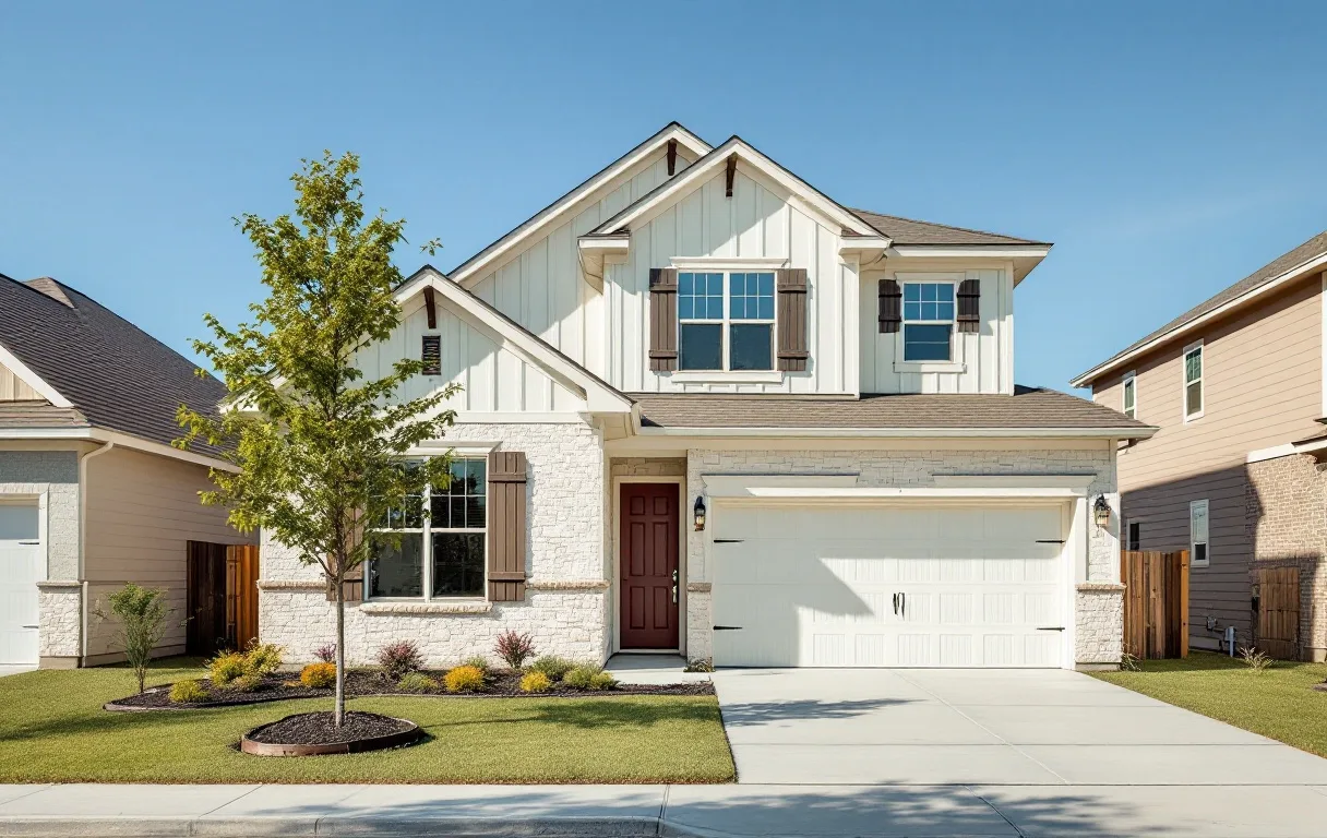 New entry-level homes on small lots along a fresh sidewalk street with young trees and open sky