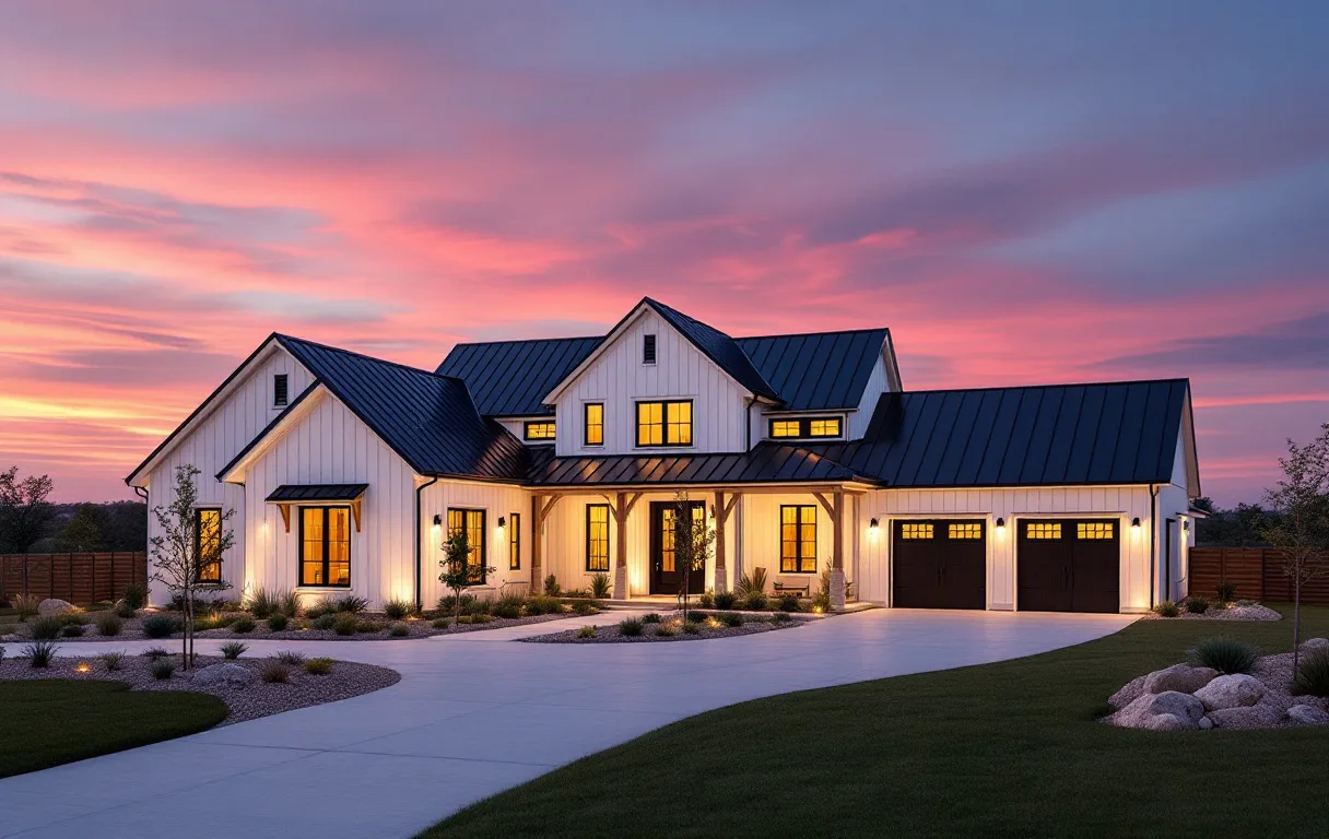 New Hill Country homes on wide lots along a creekside street with young trees and split-rail fencing