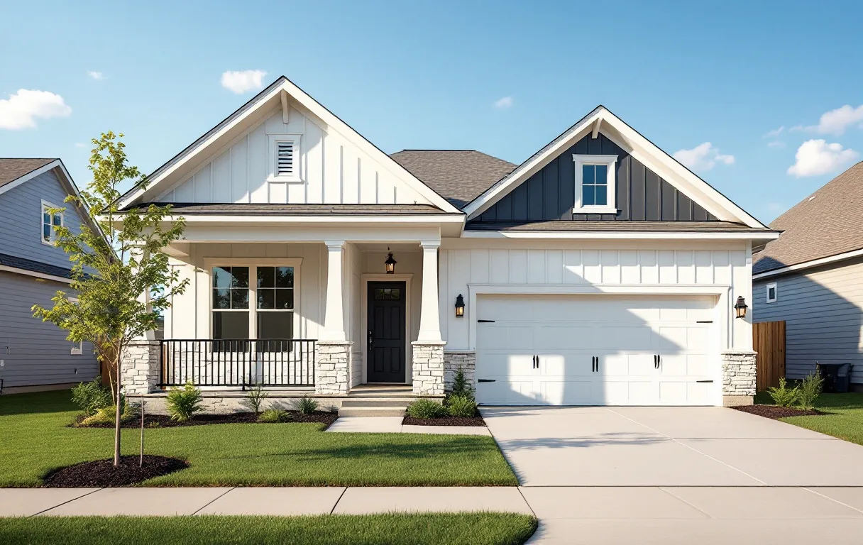 Rows of new two-story production homes on modest lots with young trees and sidewalks