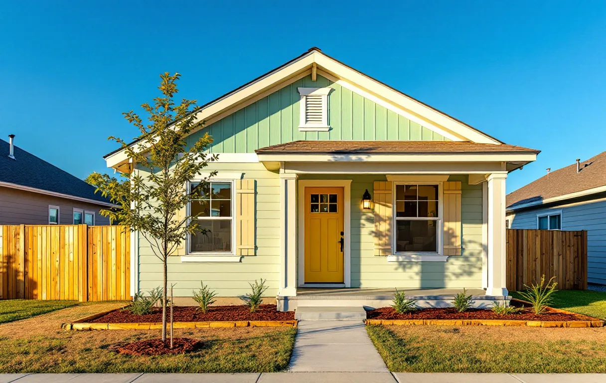Compact new homes with front porches close together on a small-town street, young trees and sidewalks