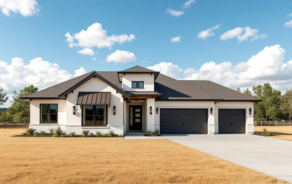 Stone and stucco home on a one-acre lot with oak trees and open hill country sky