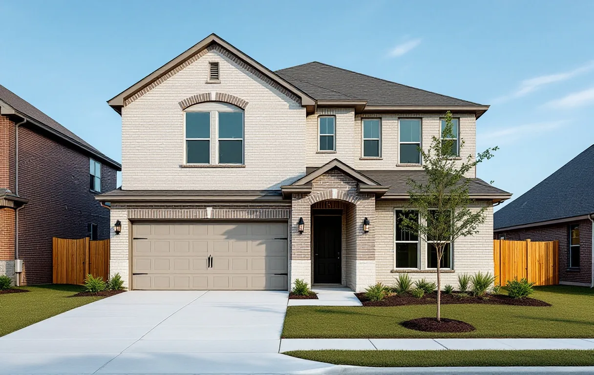 New single- and two-story homes close together on modest lots, sidewalk and young street trees, open green space behind