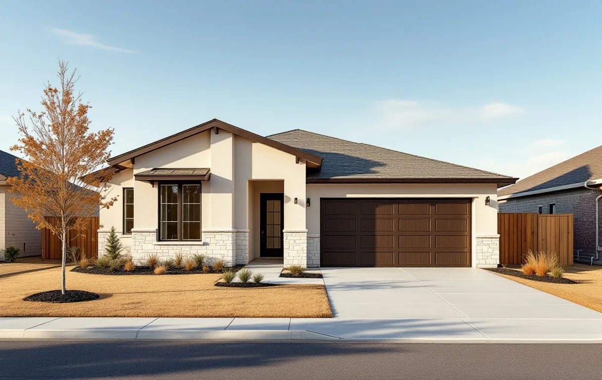 Established street of newer production homes on modest lots with maturing trees and sidewalks