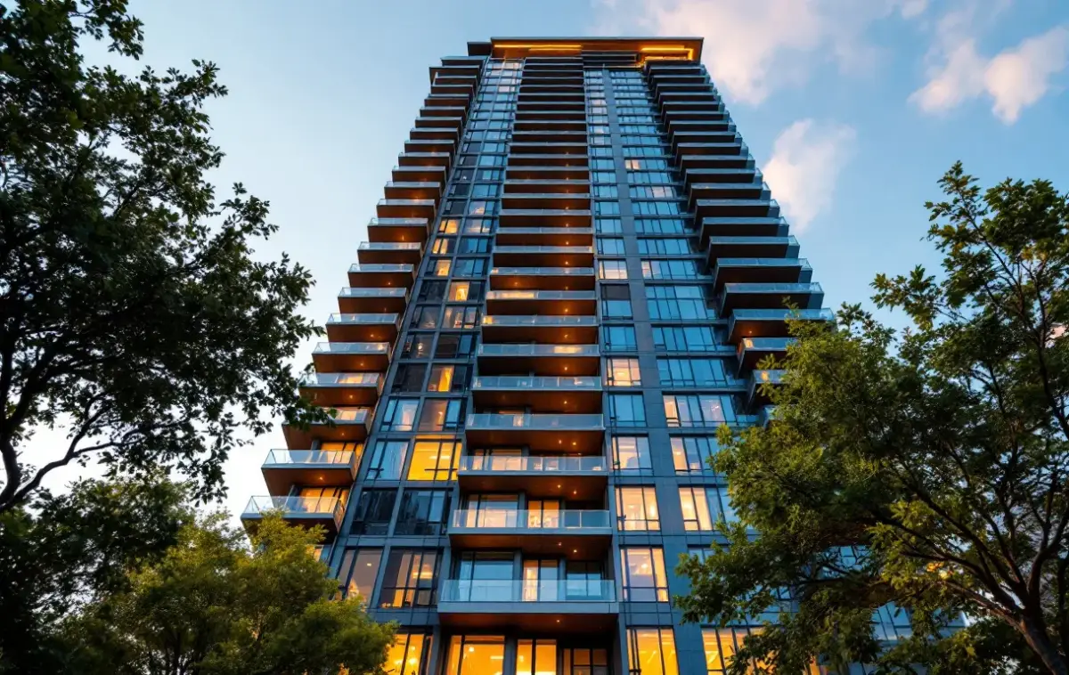 Glass residential condo tower rising above street trees, seen from the sidewalk looking up in evening light