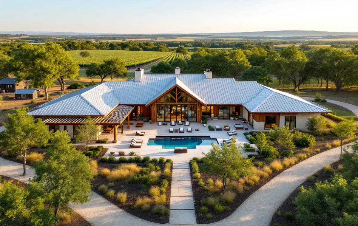 Modern ranch-style custom home on acreage beside a manicured golf fairway framed by live oaks