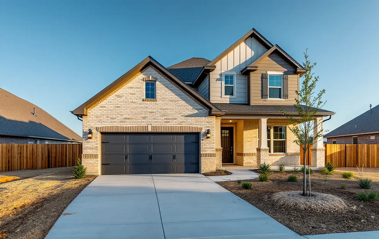 New townhomes and compact single-family homes close together on a prairie street with young trees