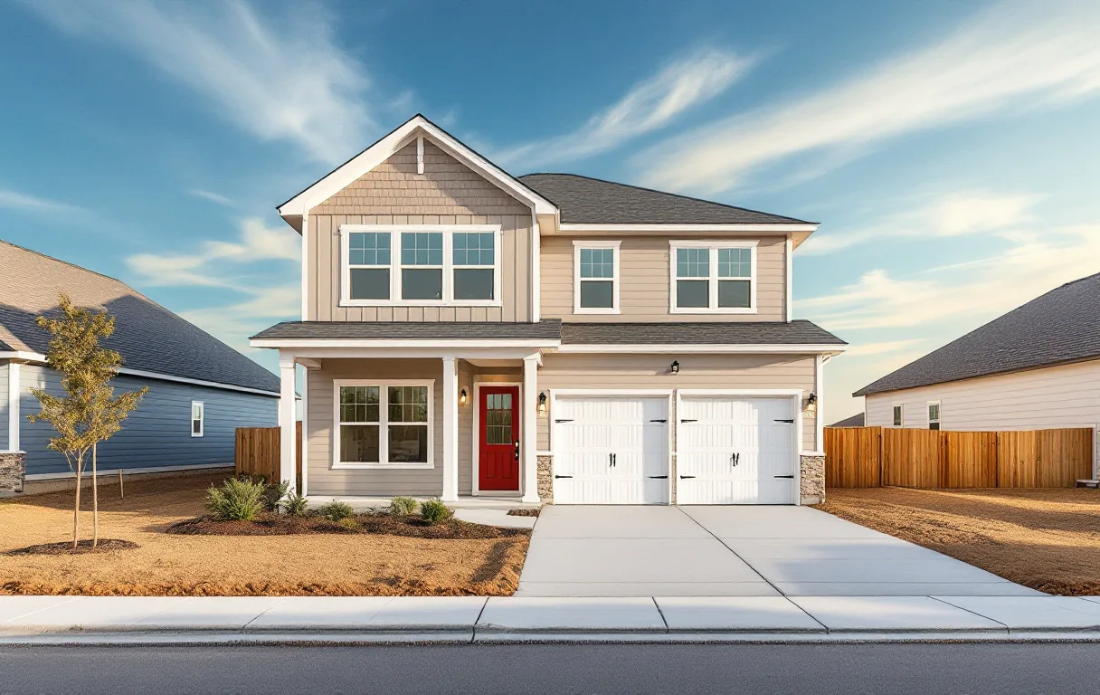 Compact new homes on small lots along a sidewalk street with young trees and an elementary school beyond