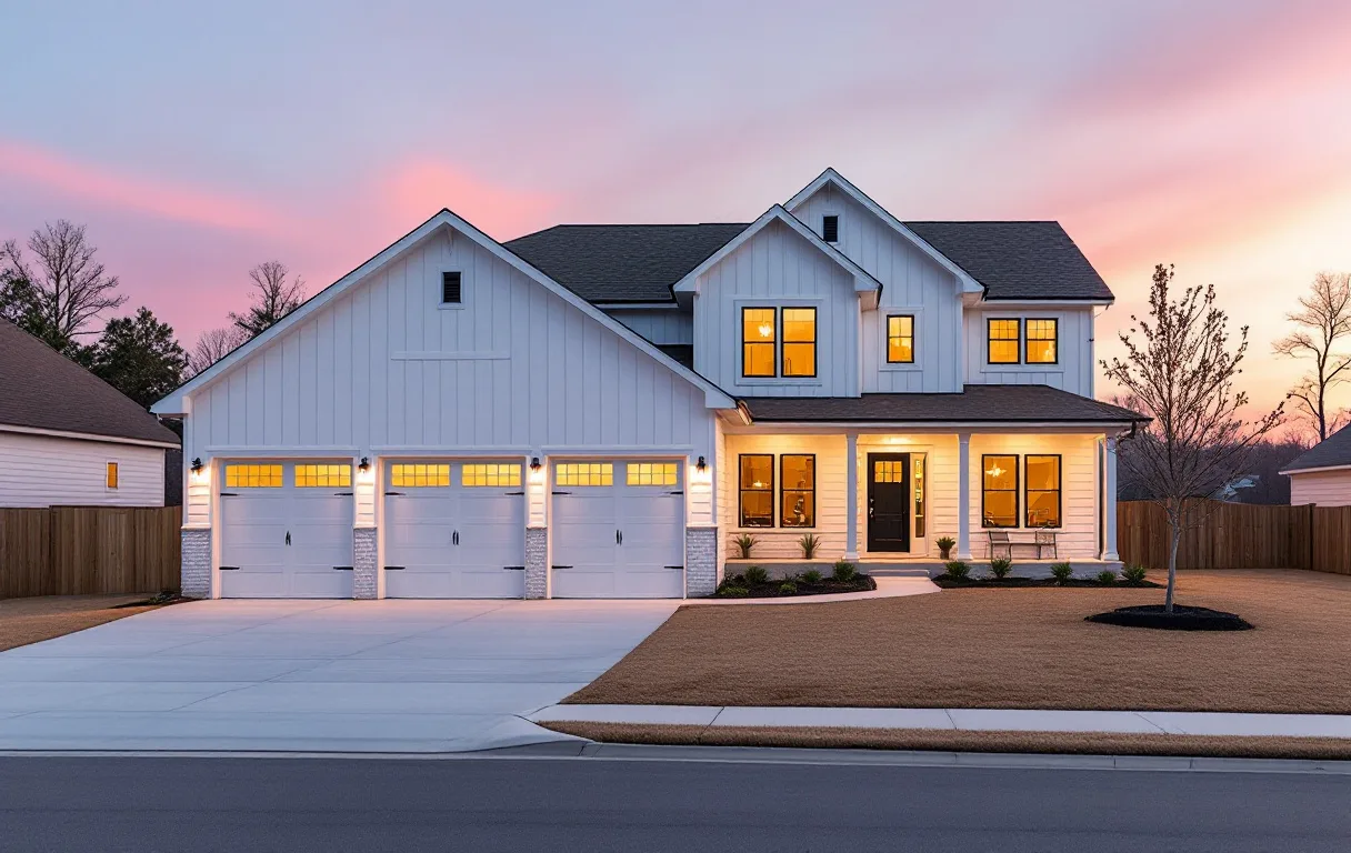 Curving street of new two-story homes on suburban Hill Country lots with young oaks and sidewalks