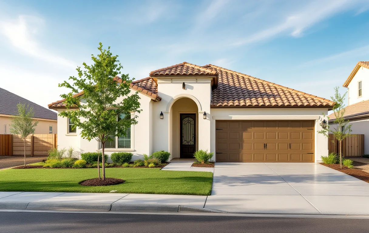 Single-story homes on tidy modest lots along a golf course community street, young live oaks and limestone accents