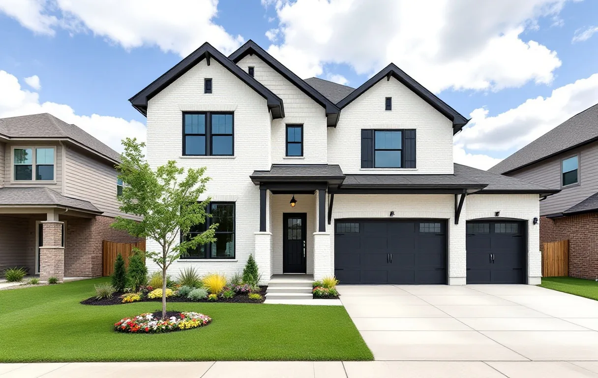 New homes on suburban lots with young trees, hill country ridge and open parkland in the background