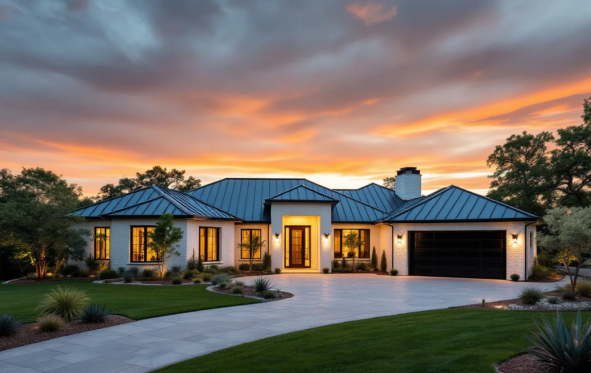 Contemporary custom home on a wooded canyon lot with hill country views at dusk