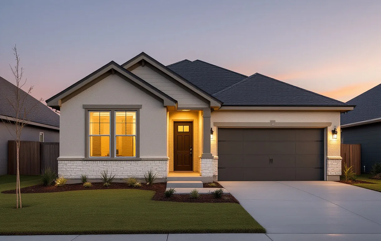 Street of new production homes on modest lots with young trees, sidewalks, and open Texas sky