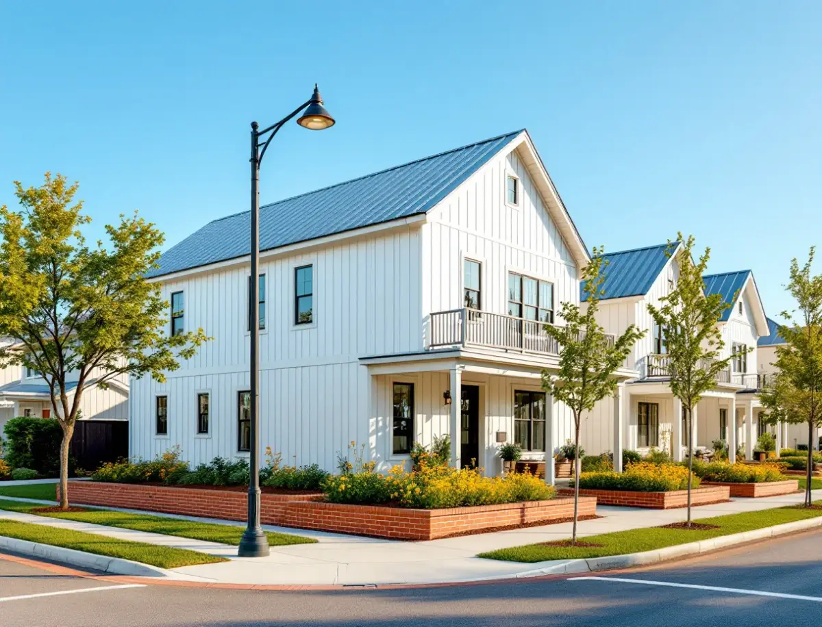 White farmhouse-style row homes with deep front porches and brick planter beds on a walkable street corner