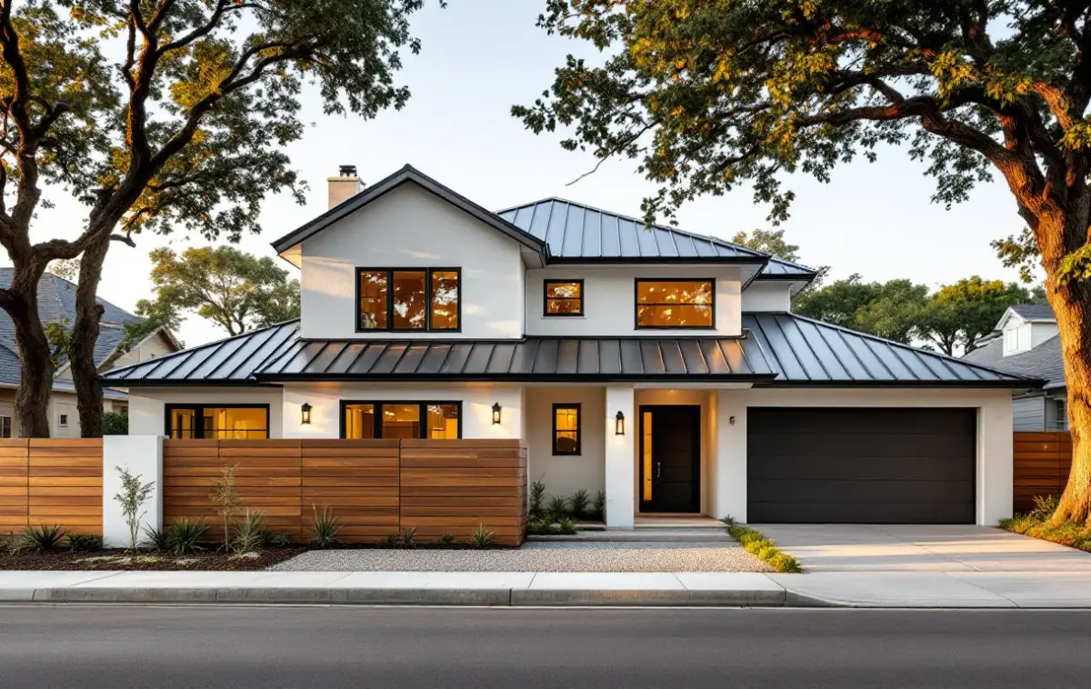 Modern two-story new home with black metal roof and cedar fence between older one-story houses on an established Austin street