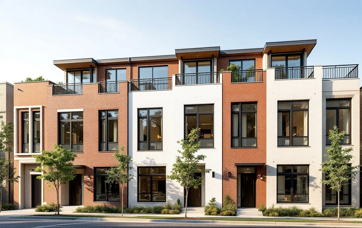 Four-story brick rowhomes fronting a new urban street with wide sidewalks and young street trees