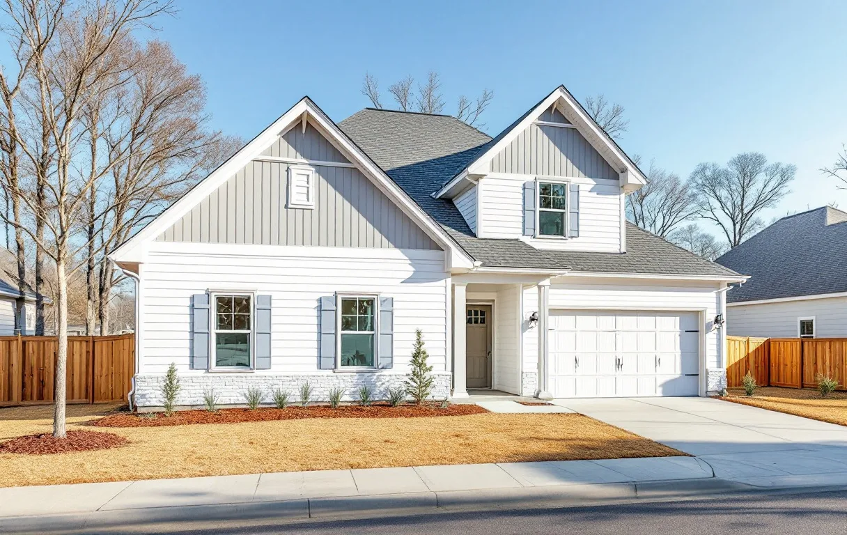 Modern farmhouse-style production homes on modest lots along a sidewalk street with community garden beds nearby