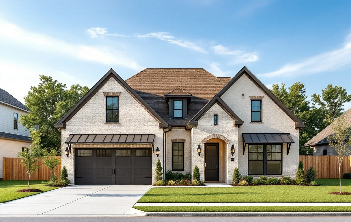 New two-story homes on suburban lots along a street sloping toward a wooded river greenbelt