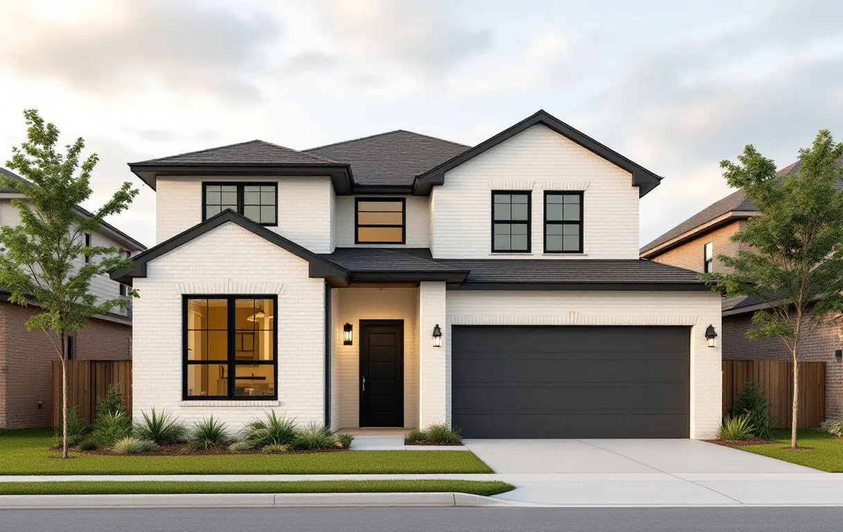 New production homes close together on modest lots along a straight east-side street, young trees