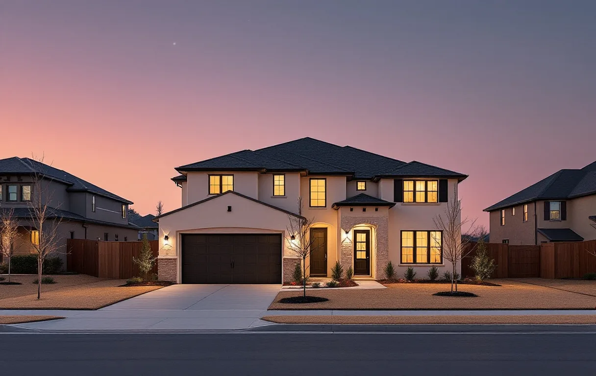 New homes with stone and stucco elevations on suburban Hill Country lots, young trees along fresh sidewalks