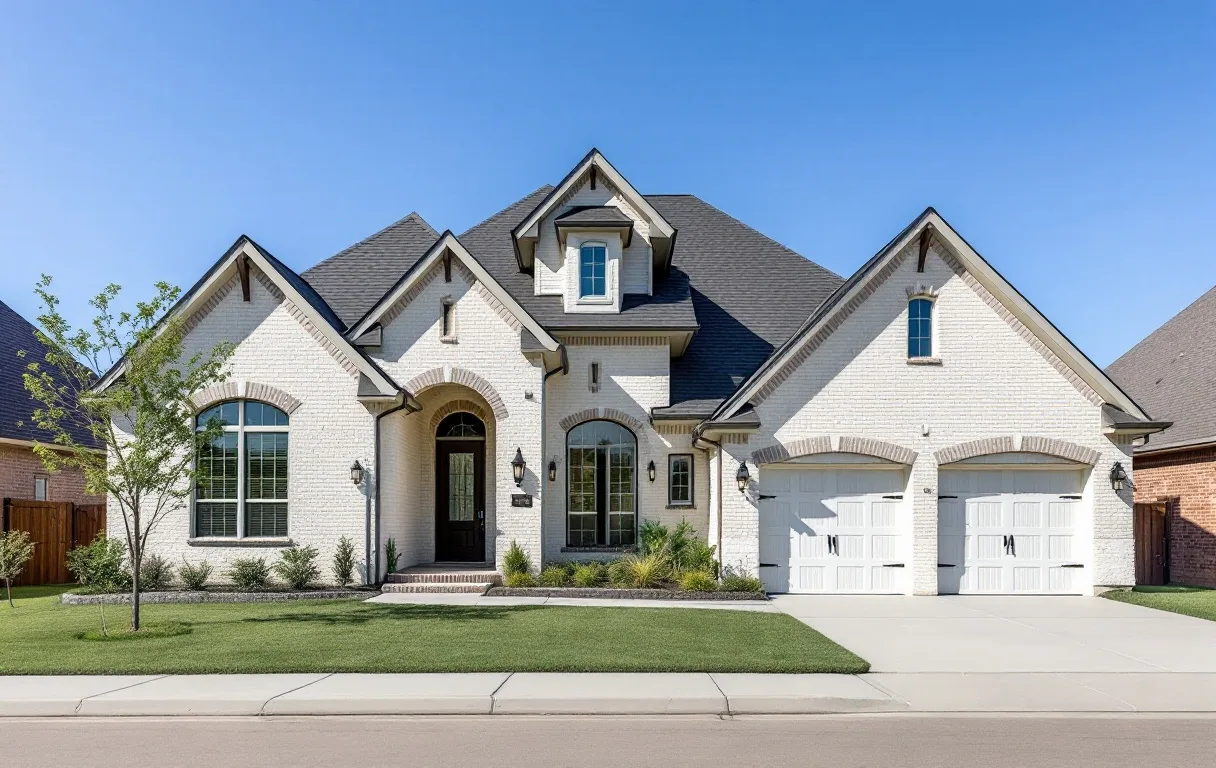 Established new-construction street with maturing trees, sidewalks, and homes on modest lots