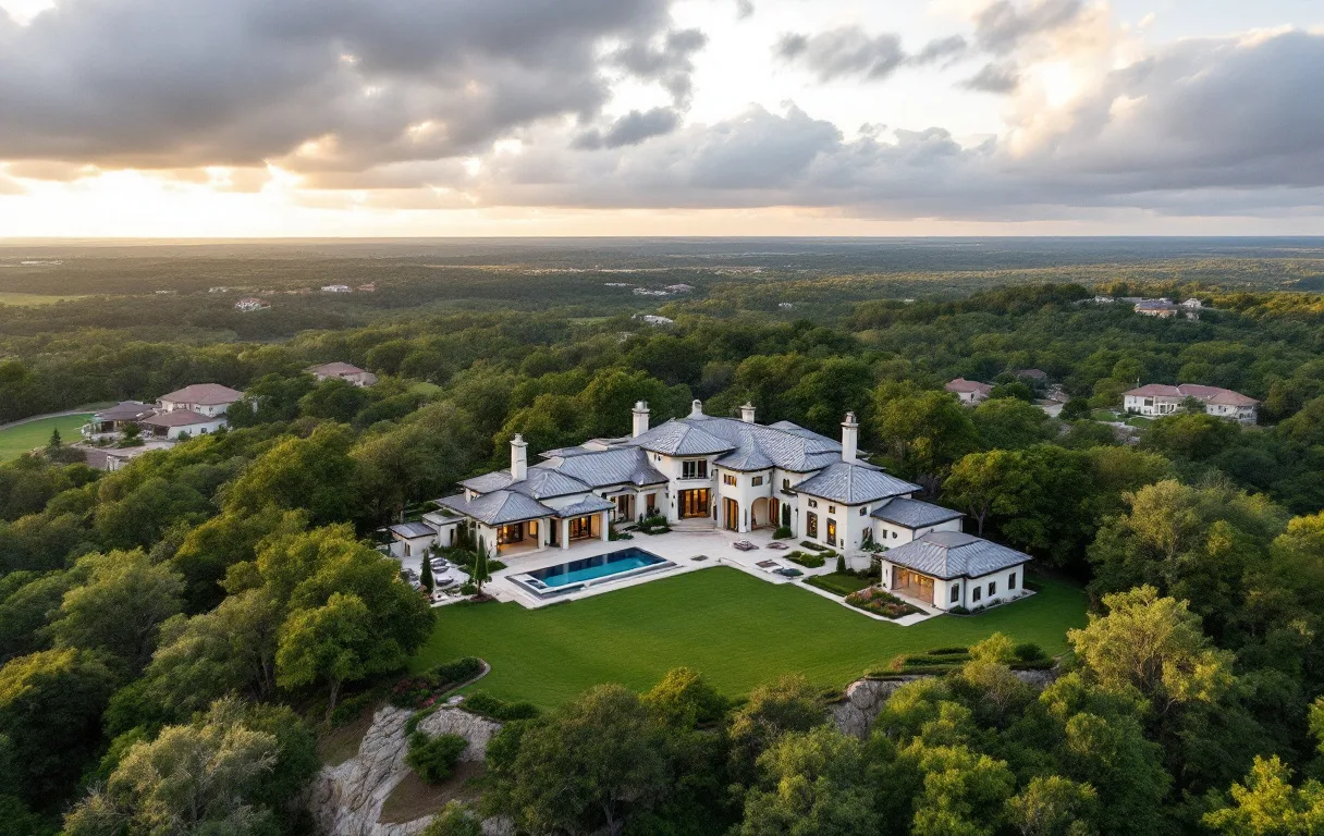 Custom estate home above a golf fairway with hill country canyon views and mature oaks