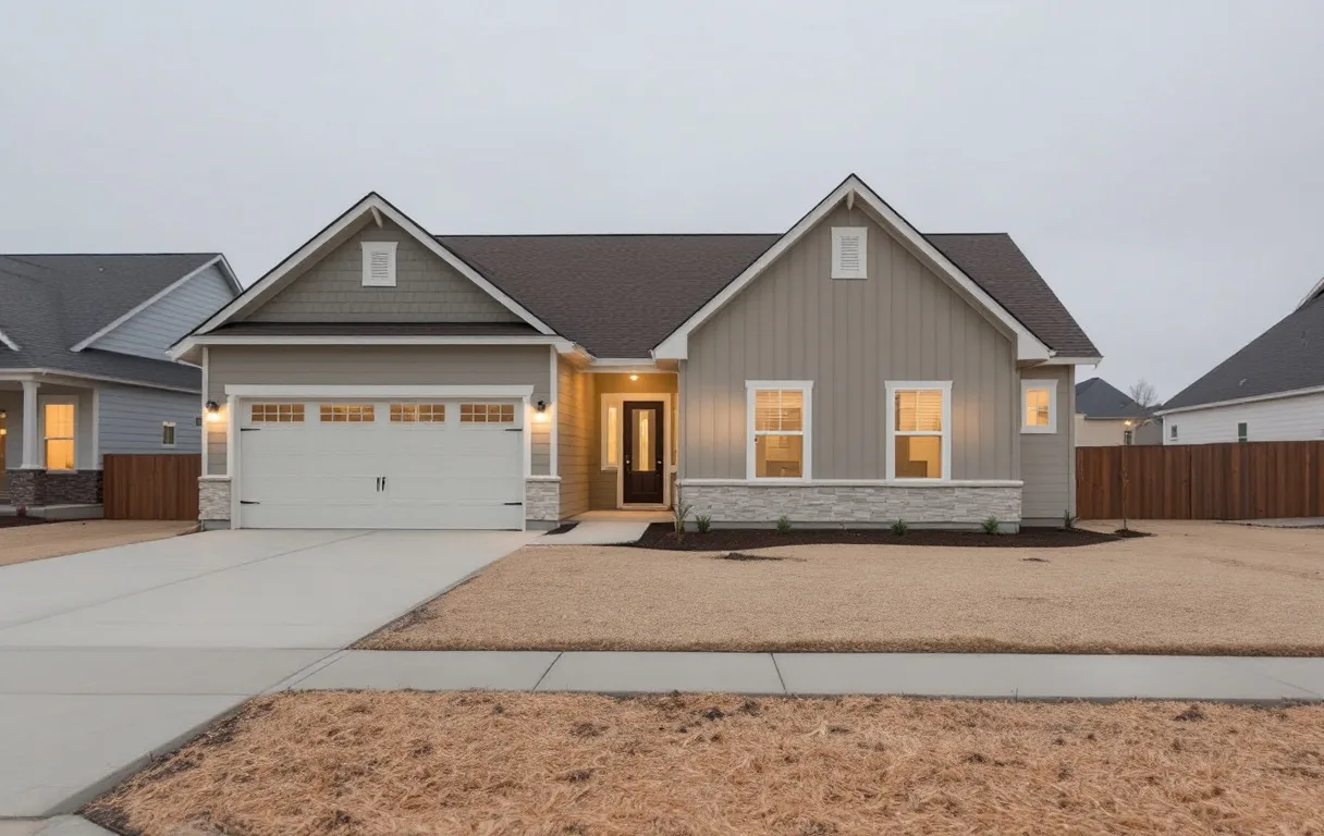 New single- and two-story homes close together on modest lots along a flat prairie street, young trees