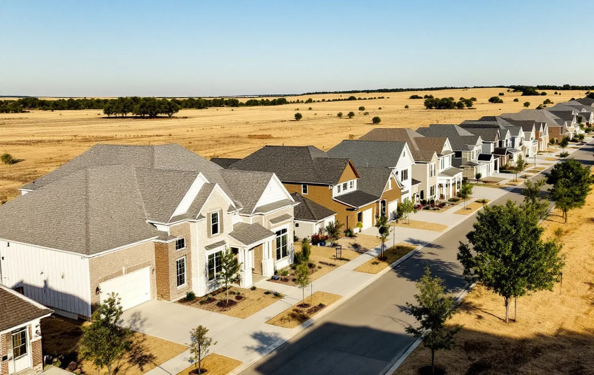 Established street of one- and two-story homes on modest lots with maturing trees near a golf course