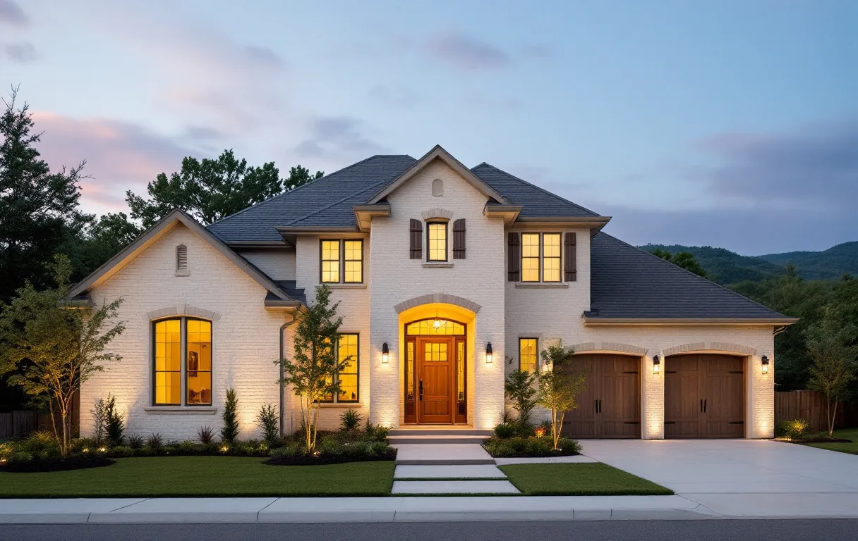Established street of two-story suburban homes on modest hillside lots with maturing trees