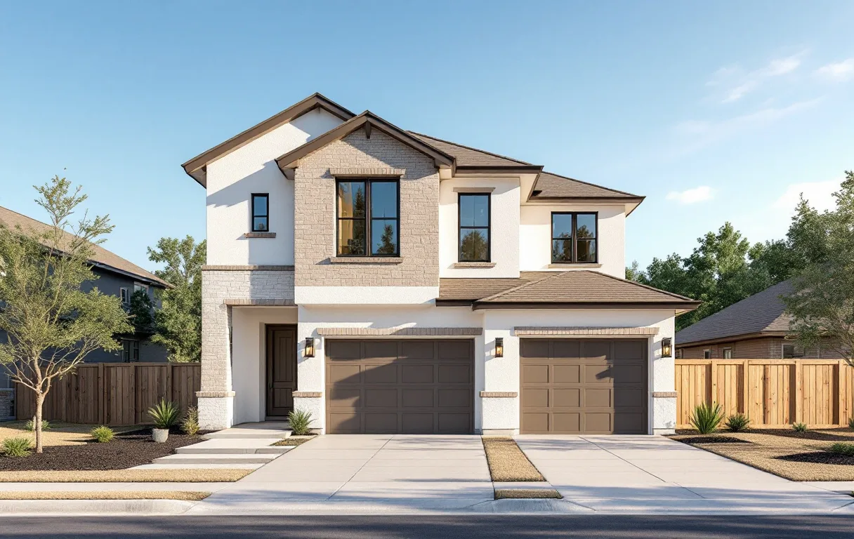 New production homes on modest hillside lots near Lake Travis, young trees and sidewalks