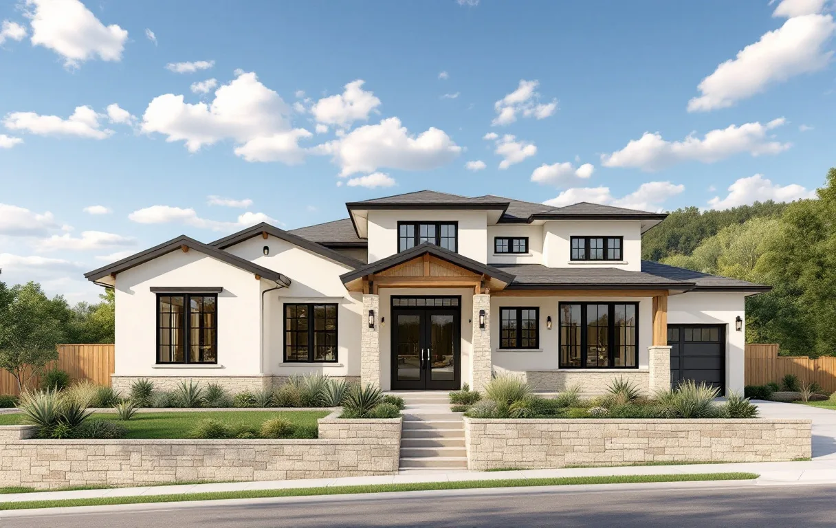 Two-story stone and stucco homes on a curving hillside street with young trees and Hill Country views beyond