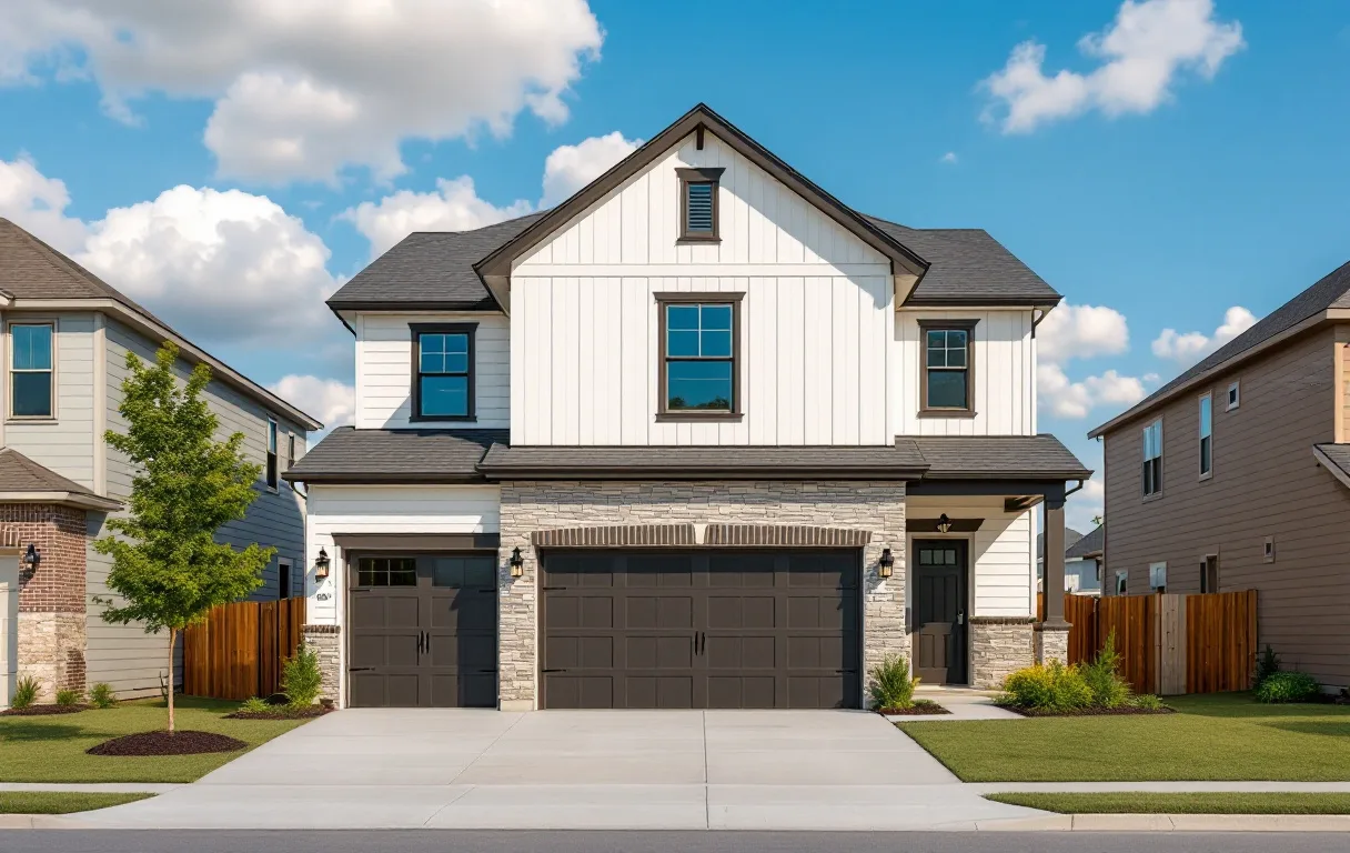 New starter homes close together on small lots with young trees and fresh sidewalks