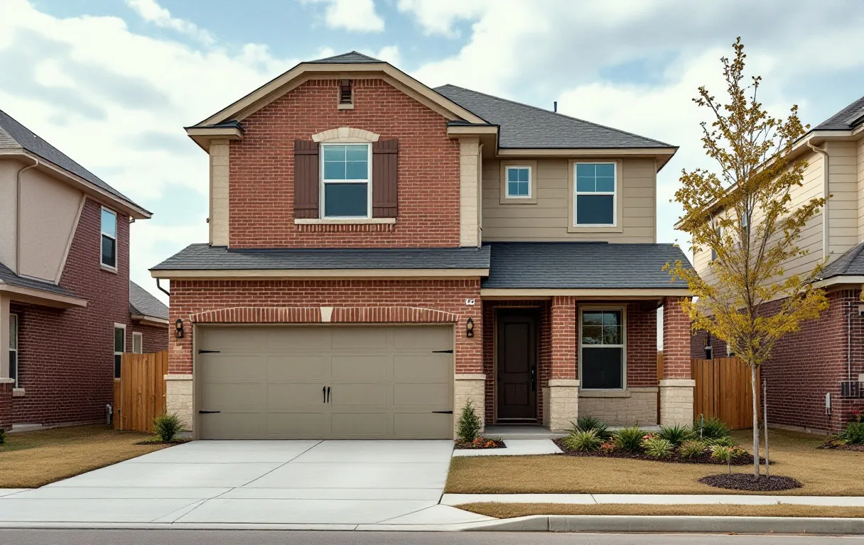 Entry-priced new homes close together on small lots, young trees and sidewalks, interstate corridor in the distance