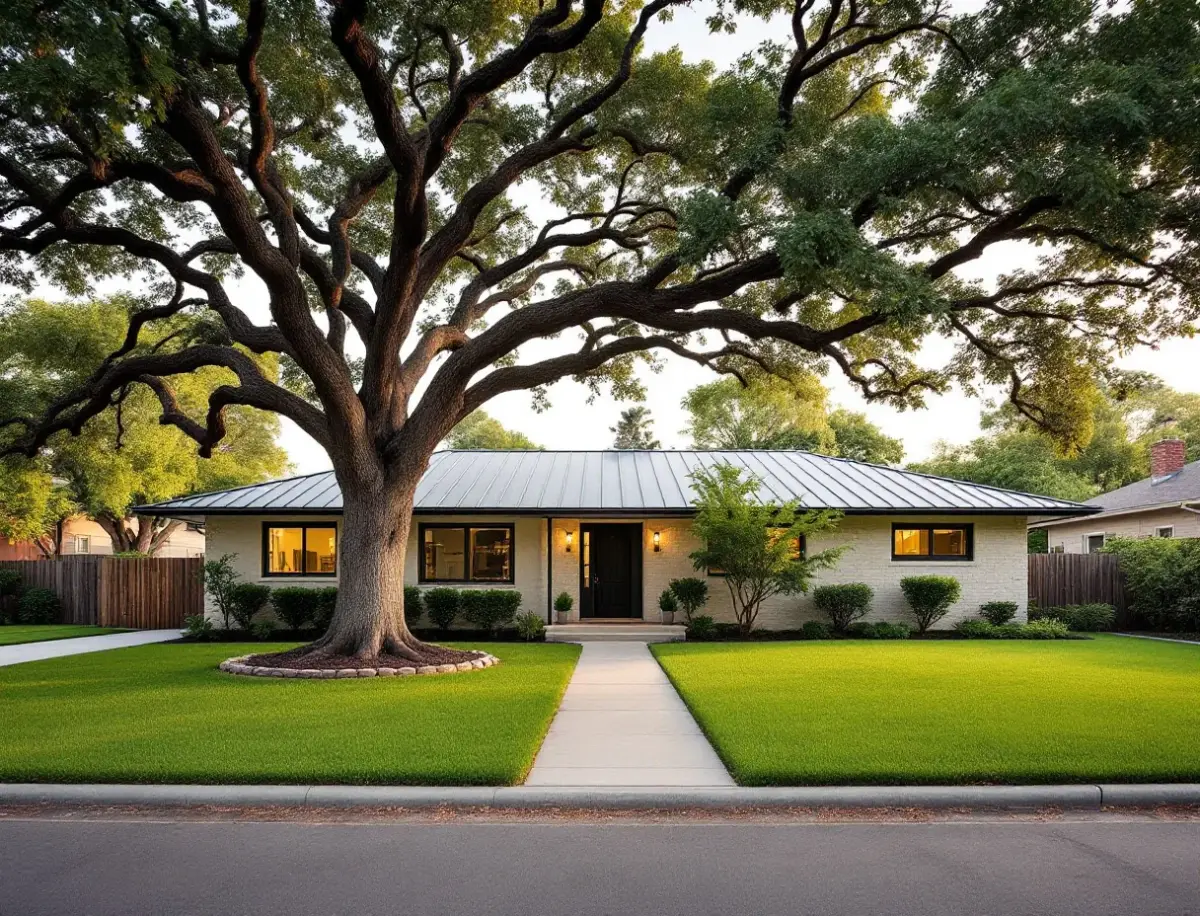 A 1950s ranch home with low rooflines and a wide lawn under mature pecan trees
