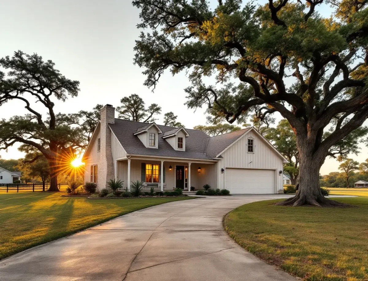 Farmhouse-style home with a deep porch on a large lot with scattered oaks and pines, open space between neighbors