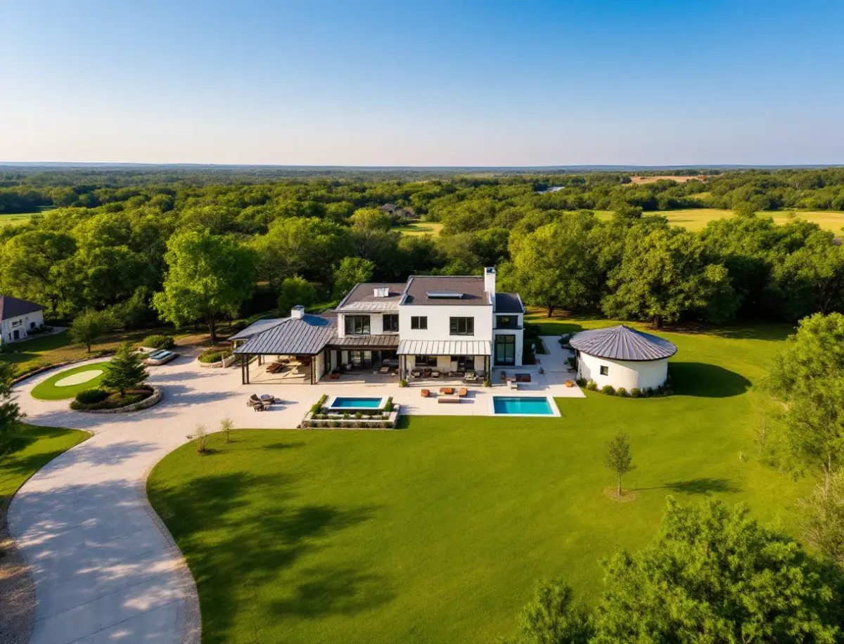Limestone ranch house with a wraparound porch on open acreage dotted with live oaks