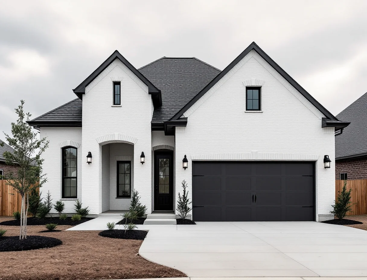 New two-story homes with small front yards and young street trees along a curving sidewalk, downtown Austin faint on the horizon
