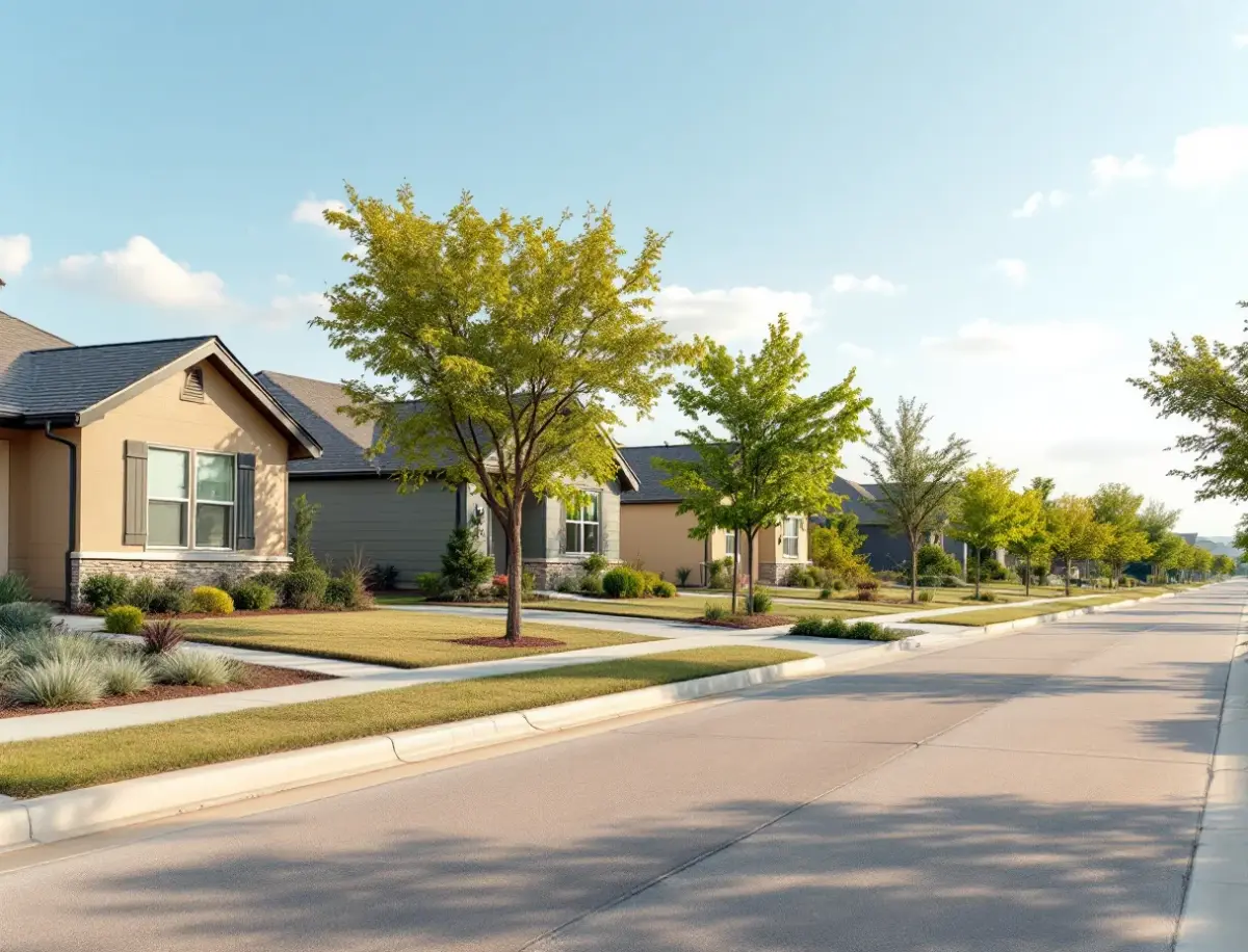 New single-story home with a covered porch under a wide prairie sky at the edge of town