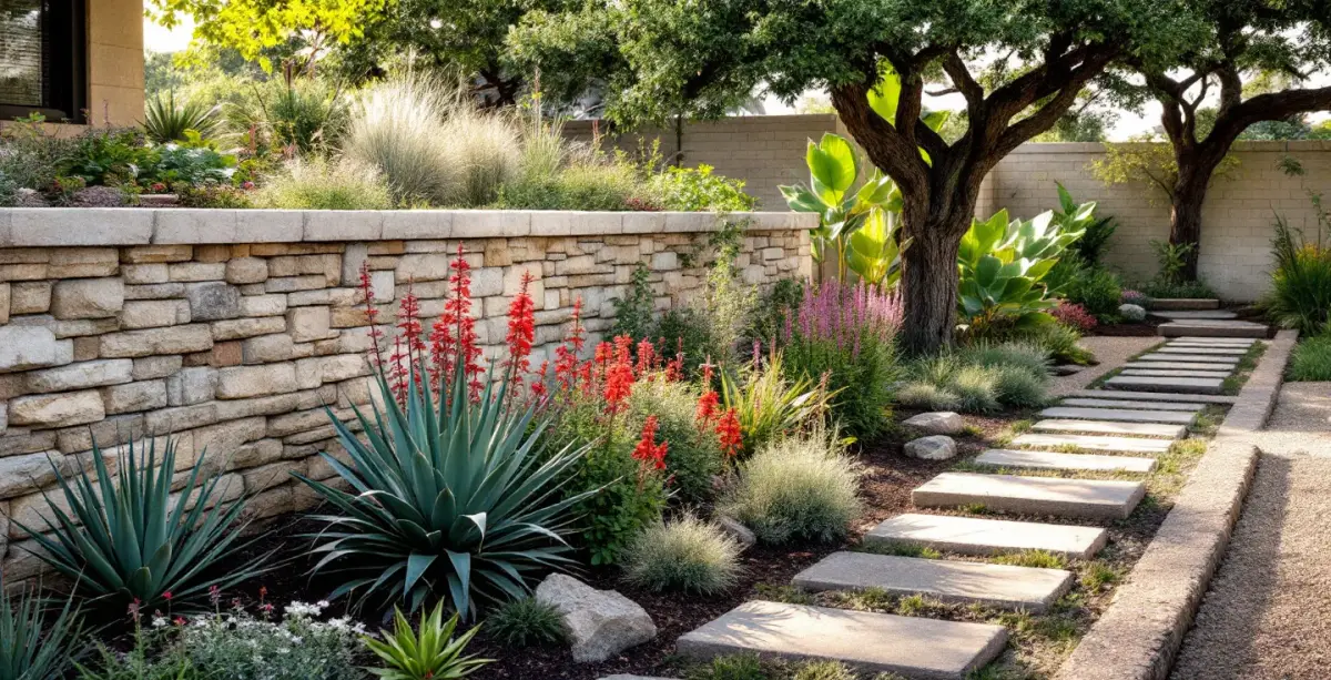 Native Texas garden with agave, salvia, and a young live oak beside a limestone wall